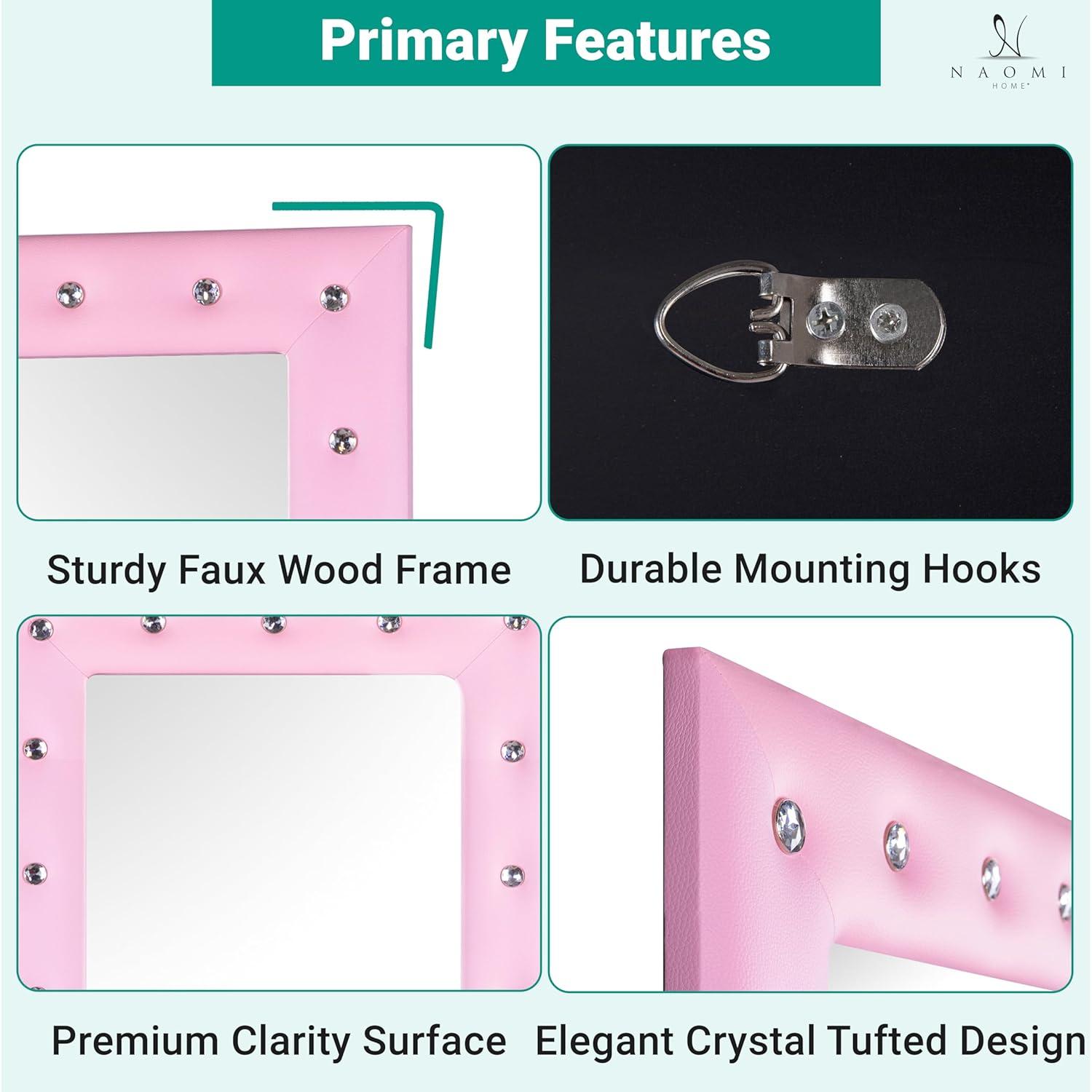 Naomi Home Crystal Tufted Floor Mirror Full Length 63 LX22 W Wall Mirror Full Length Standing Wall with Faux Wood Frame Mirrors for Bedroom - Pink