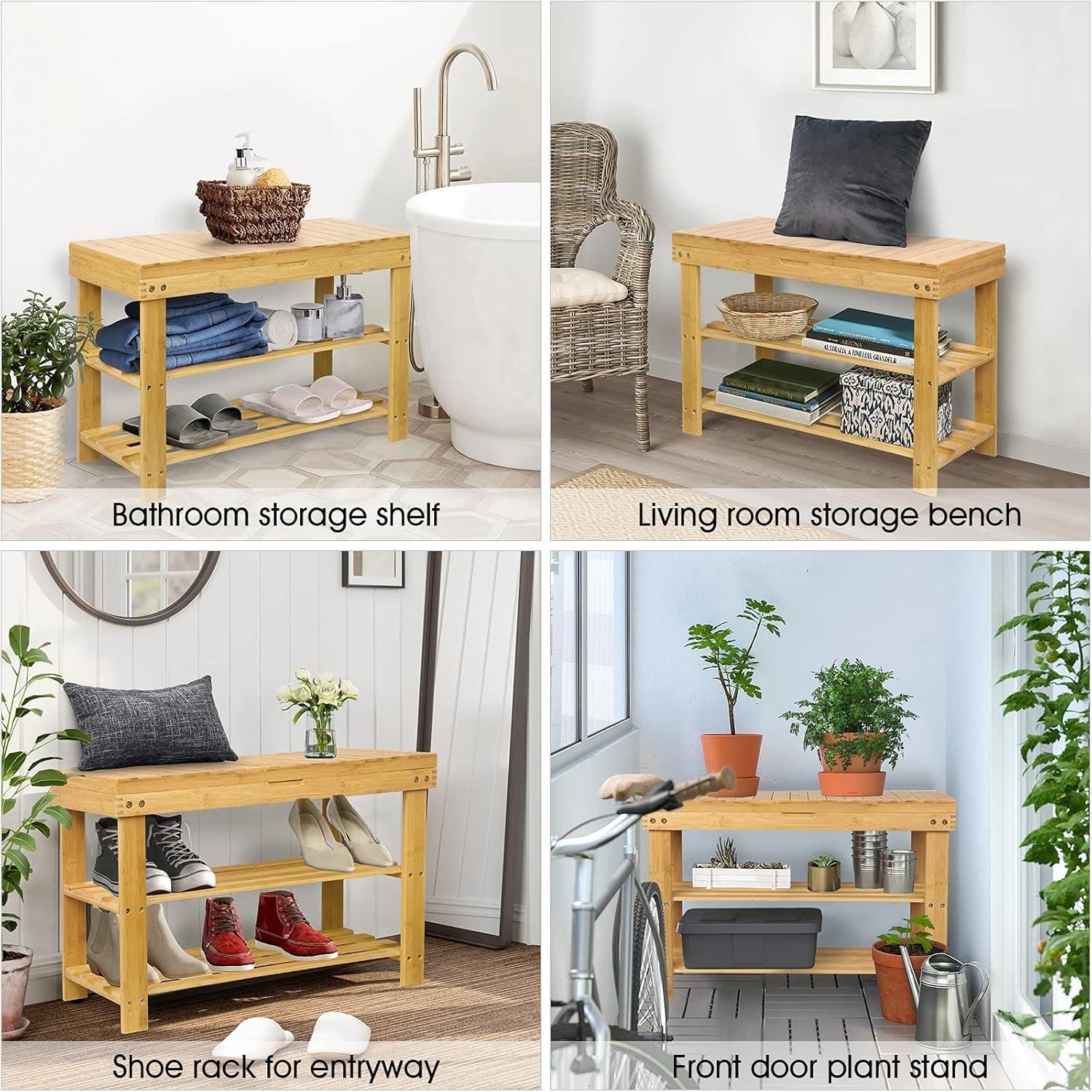 Natural Bamboo Shoe Rack Storage Bench with Drawer