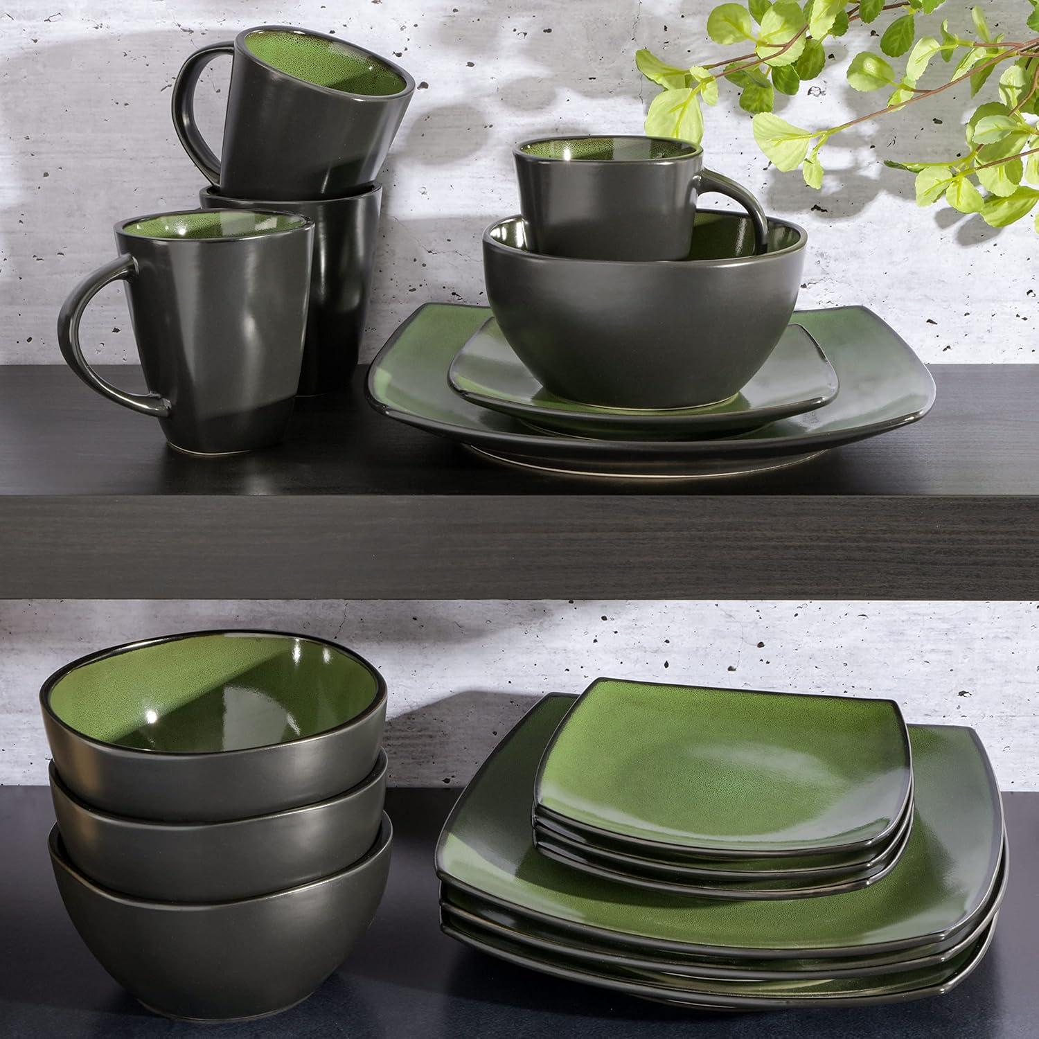 Gibson Soho Lounge Square 16-Piece Stoneware Dinnerware Set Green