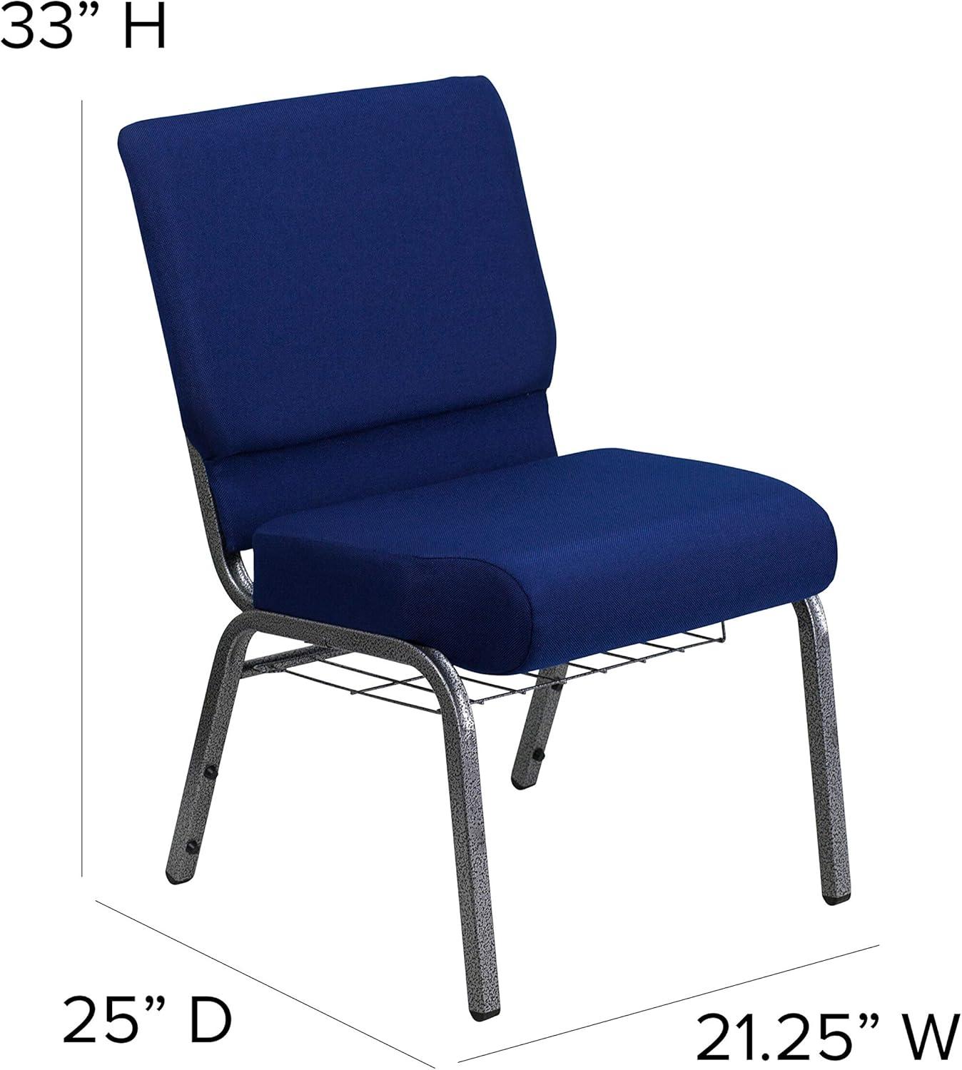 Navy Blue Fabric Stacking Chair with Silver Steel Frame and Book Rack