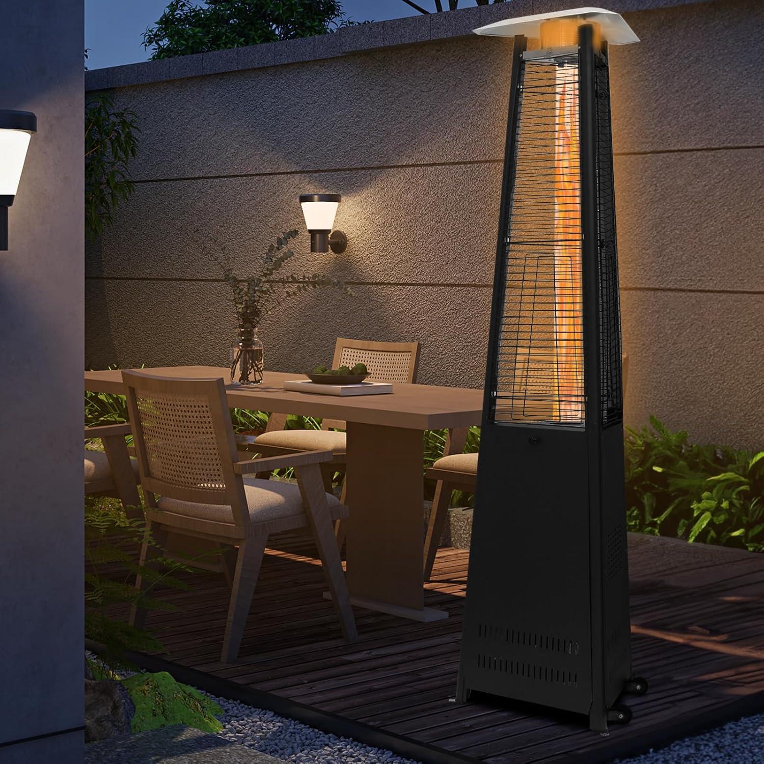 MoNiBloom 42,000 BTU Pyramid Patio Heater with Wheels, Outdoor Propane Gas Standing Flame Heater for Patio Backyard Garden, Black