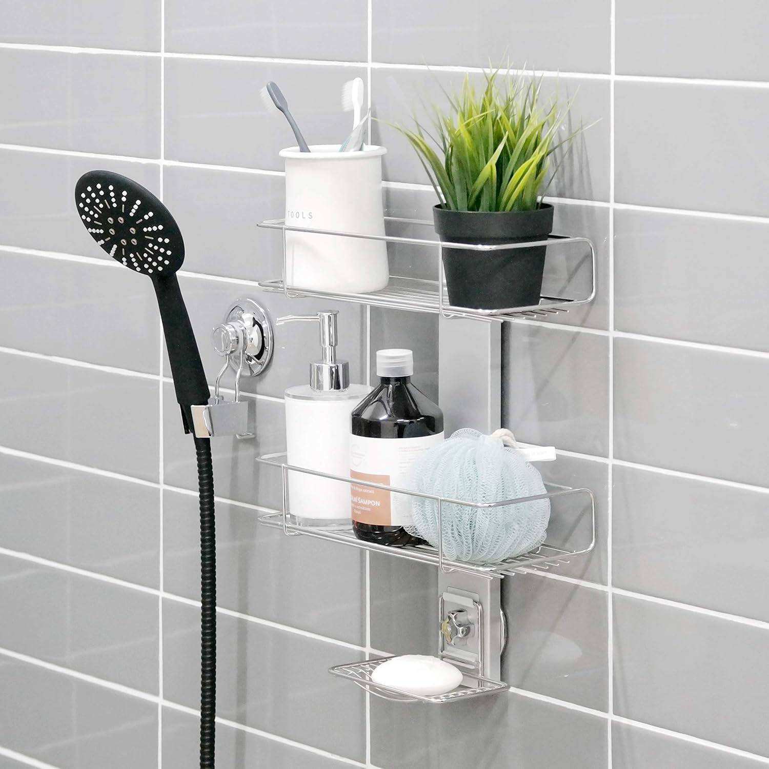 BATHBEYOND Shower Caddy Suction Cup Tier Shower Shelf - Adjustable Shower Caddy 400 Stainless Steel No-Drilling and Extra Adhesive Sticker for More Stronger Suction