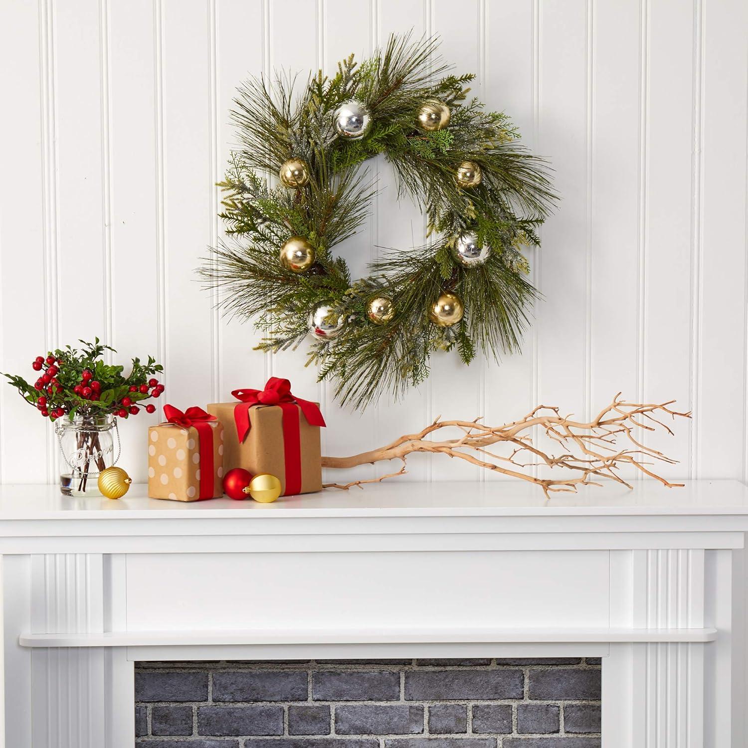 Nearly Natural 26” Sparkling Pine Artificial Wreath with Decorative Ornaments