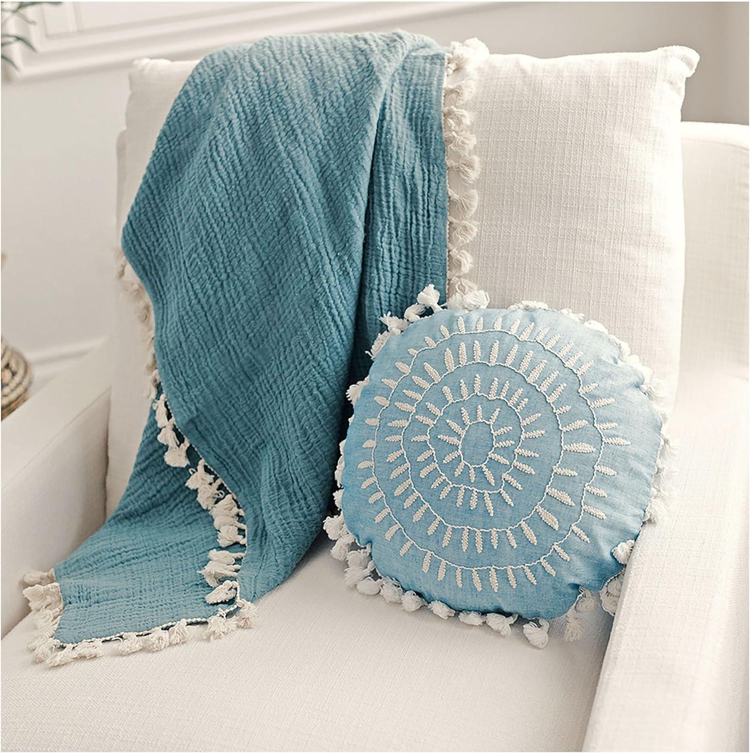 Riverstone Blue Cotton Muslin Baby Blanket with Fringe Trim