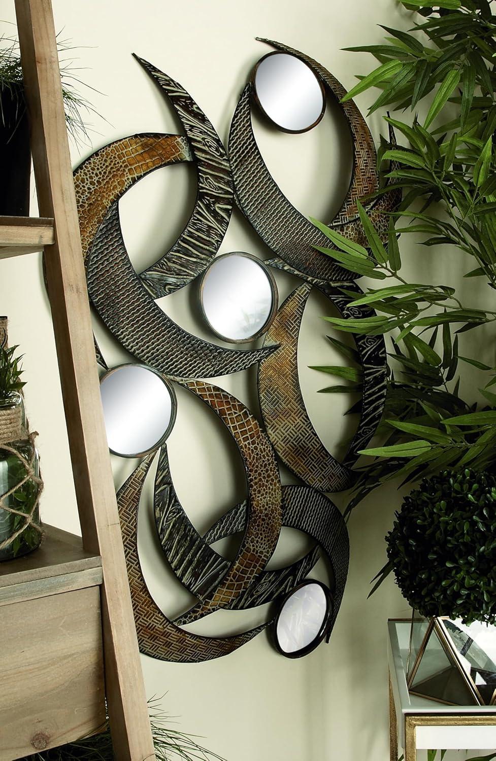 DecMode Contemporary Curved Metal Stips with Indigenous Patterns Wall Décor, 24"W x 40"H Features Gray, Brown, Maroon and Yellow Polished Finish