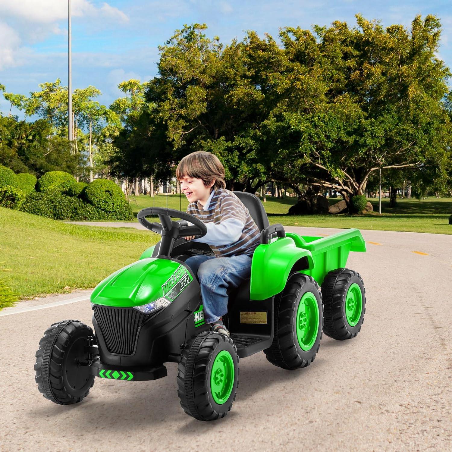 Erommy Kids Ride on Tractor with Remote Control, 12V Battery Powered Electric Tractor with 30W Dual Motors/Cool Lights/Bluetooth Music for Kids, Green