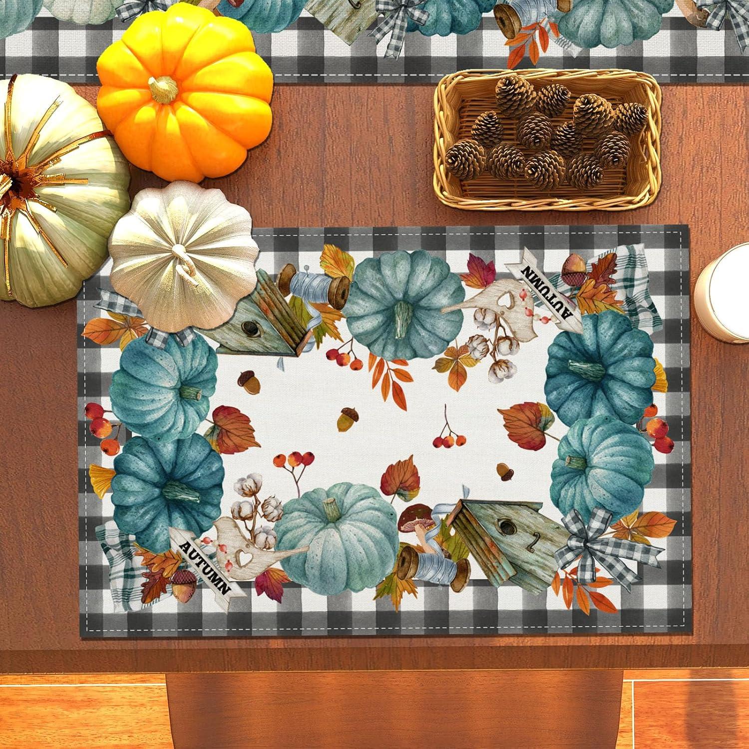 Linen Fall Placemats Set of 4 Blue Pumpkin Table Mats Buffalo Plaid Autumn Maple Leaves Pumpkin Decor Harvest Fall Harvest Decorations and Supplies for Home Kitchen Table-12×18''''