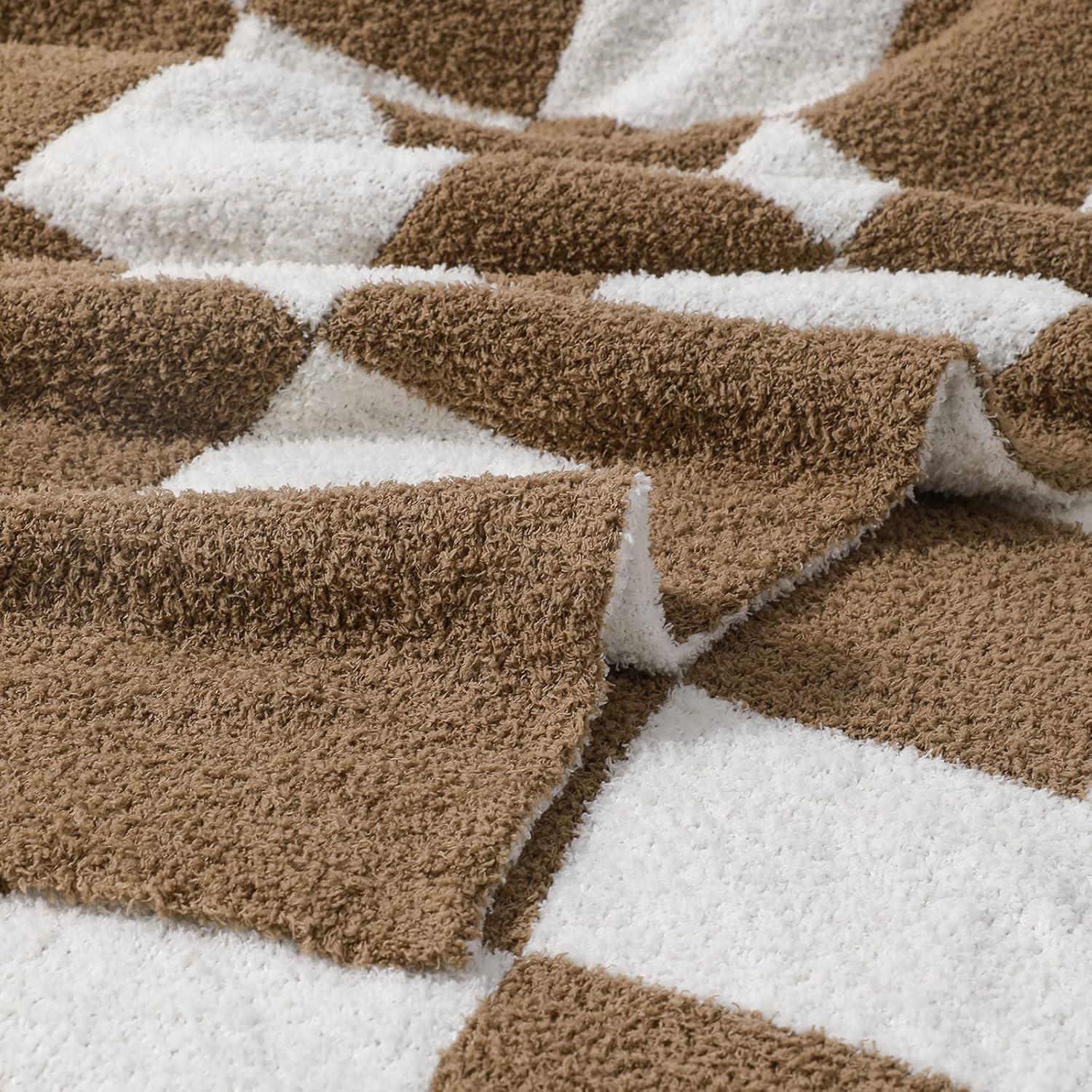 Mocha and White Knitted Checkerboard Throw Blanket