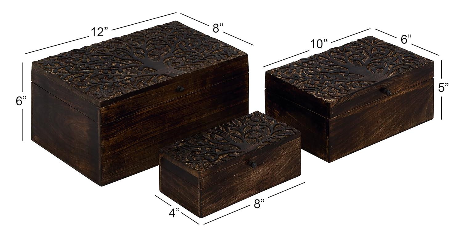 Olivia & May Set of 3 Rustic Carved Mango Wood Boxes : Handmade Keepsake Storage