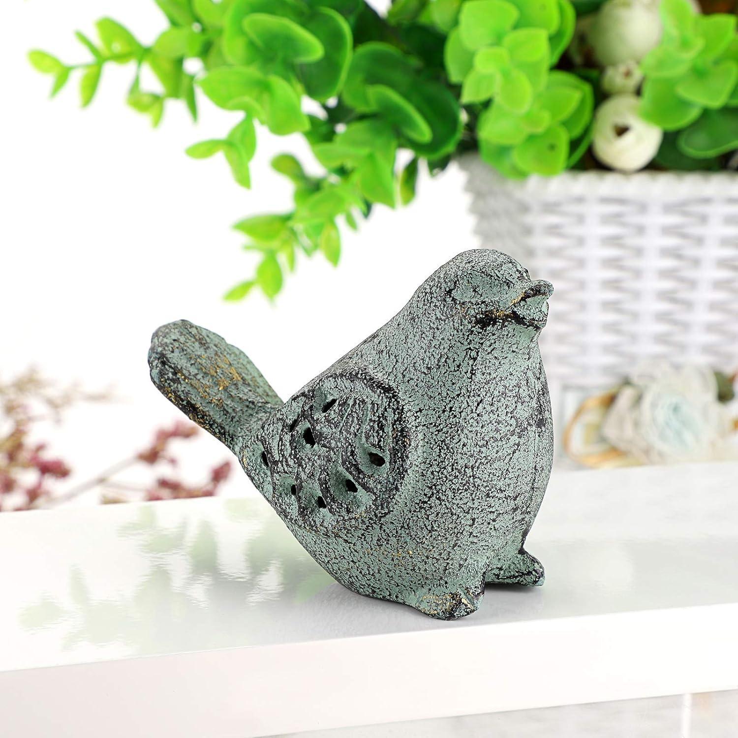 Green Cast Iron Hollow Carved Bird Sculptures Set