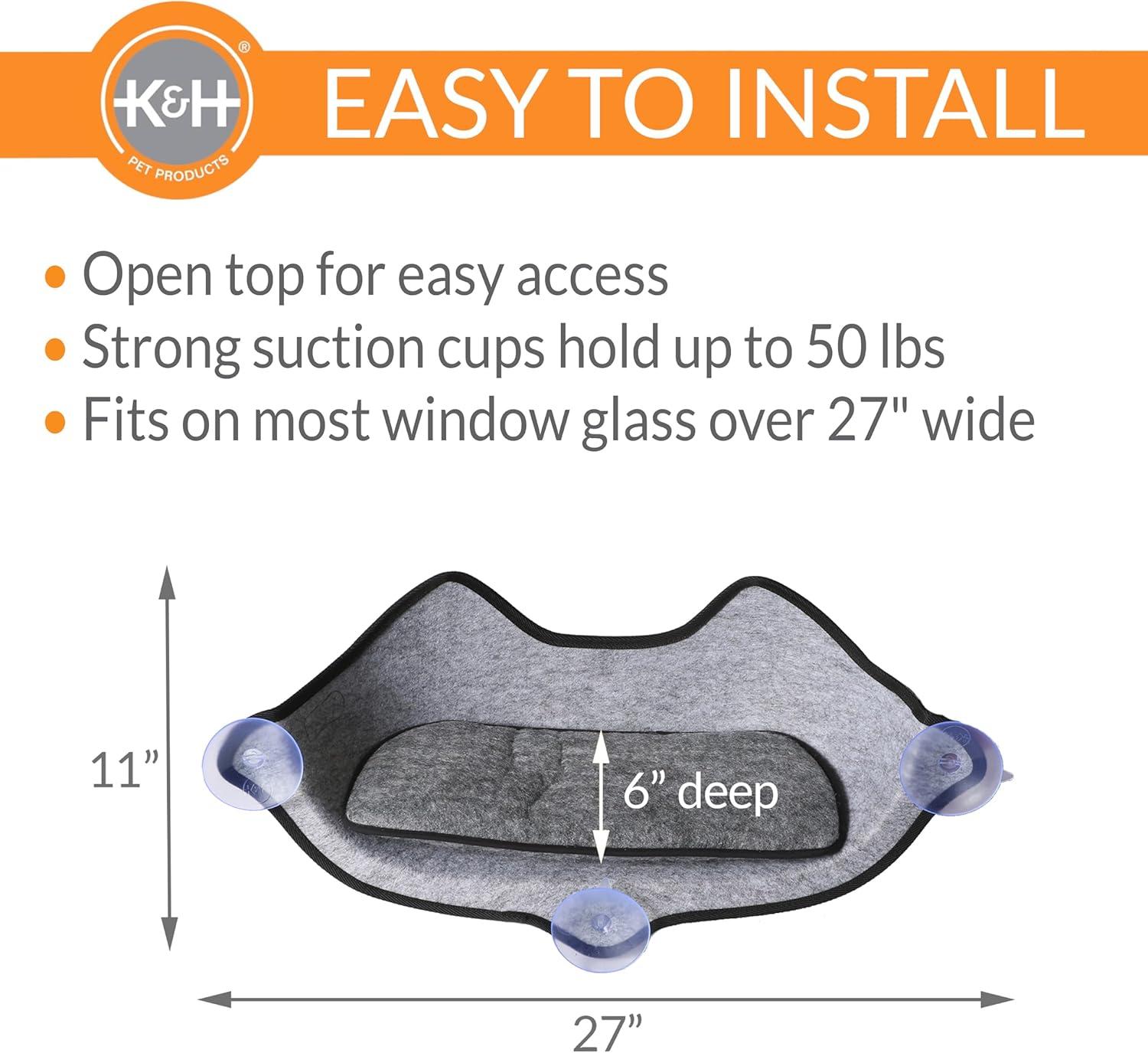 K&H Pet Products EZ Mount Window Bed Kitty Sill Gray with Kitty Face 27 X 11 X 6 Inches