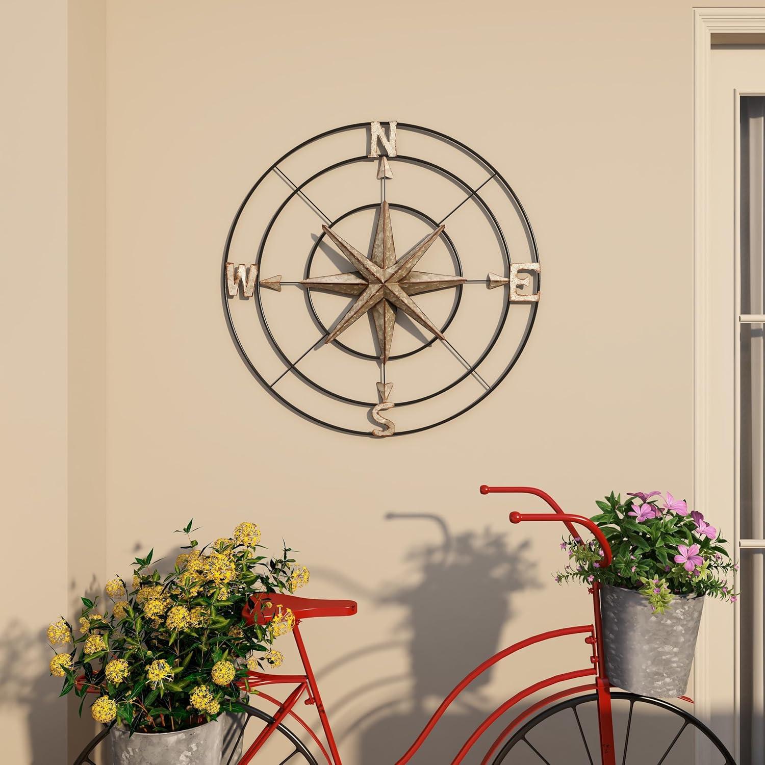 DecMode Farmhouse Metal Compass Shaped with 3D 8 Point Star Wall Décor, 32"D with Metallic Silver Galvanized Finish