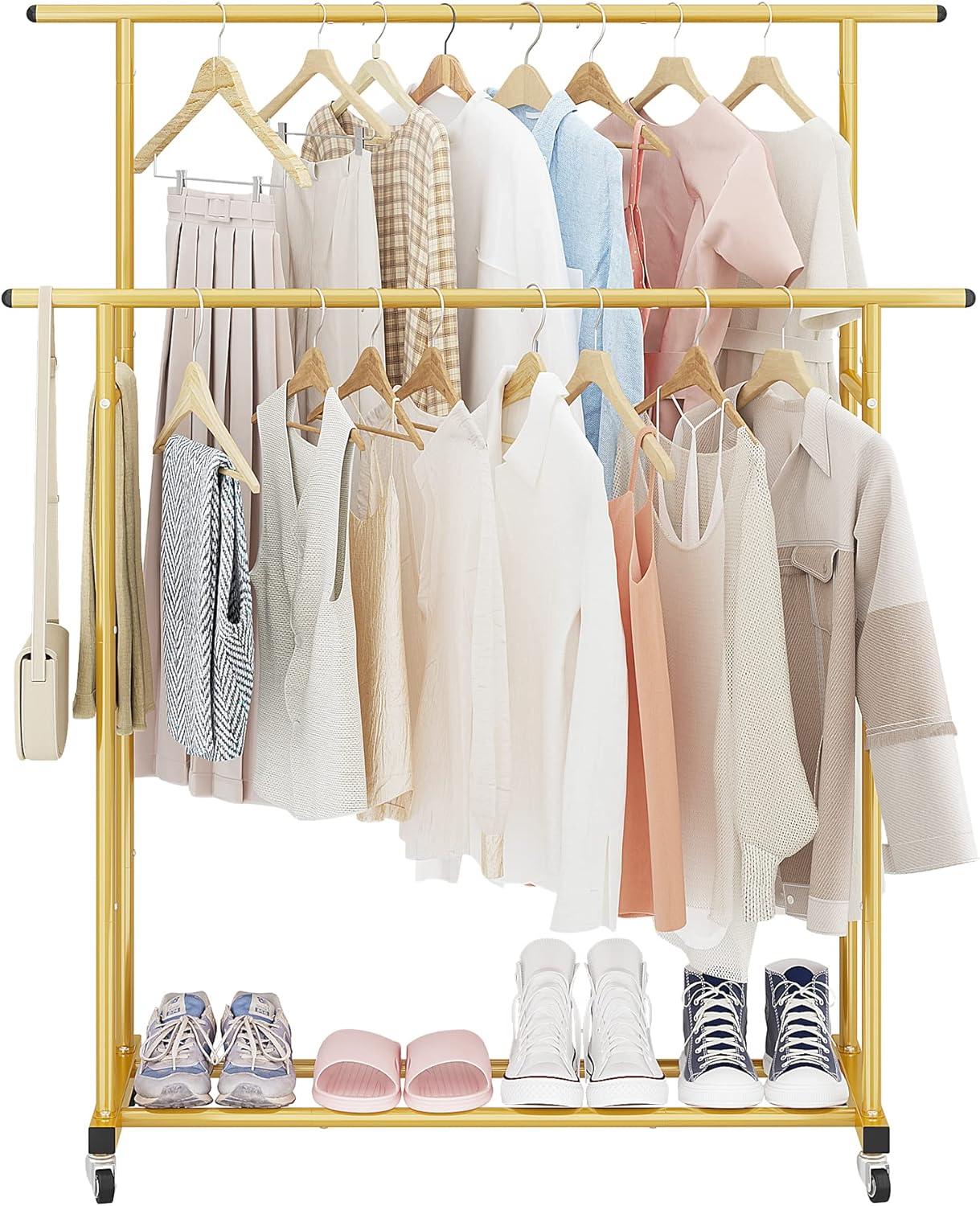 Calmootey Double Rod Clothing Garment Rack,Rolling Hanging Clothes Rack,Portable Clothes Organizer for Bedroom,Living Room,Clothing Store,Gold