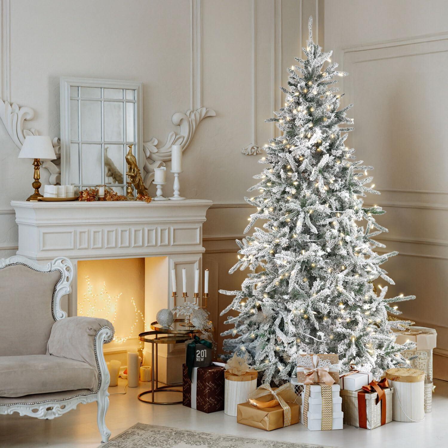 Fraser Hill Farm Fraser Hill Farm Flocked Mountain Pine Christmas Tree with LED Lights