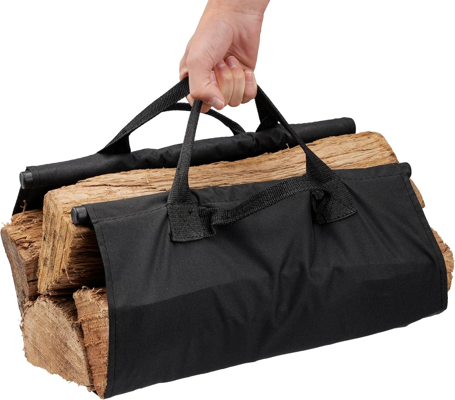 Black Canvas Firewood Log Carrier with Durable Handles