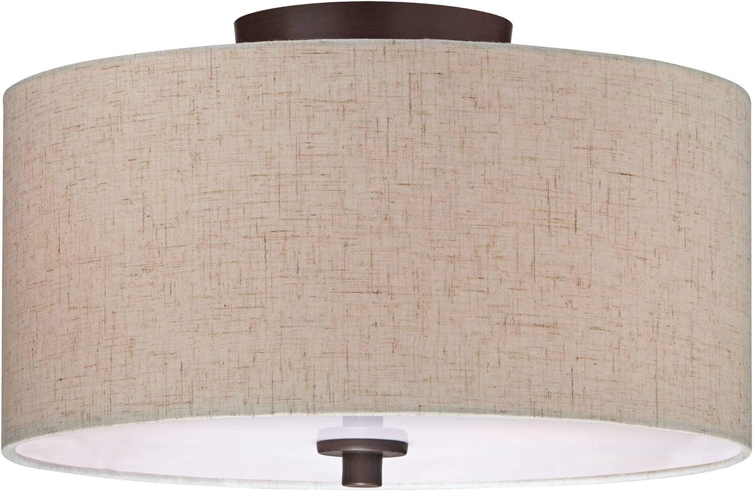 Regency Hill Sylvan Modern Ceiling Light Semi Flush Mount Fixture 14" Wide Bronze 3-Light Oatmeal Fabric Drum Shade for Bedroom Kitchen Living Room