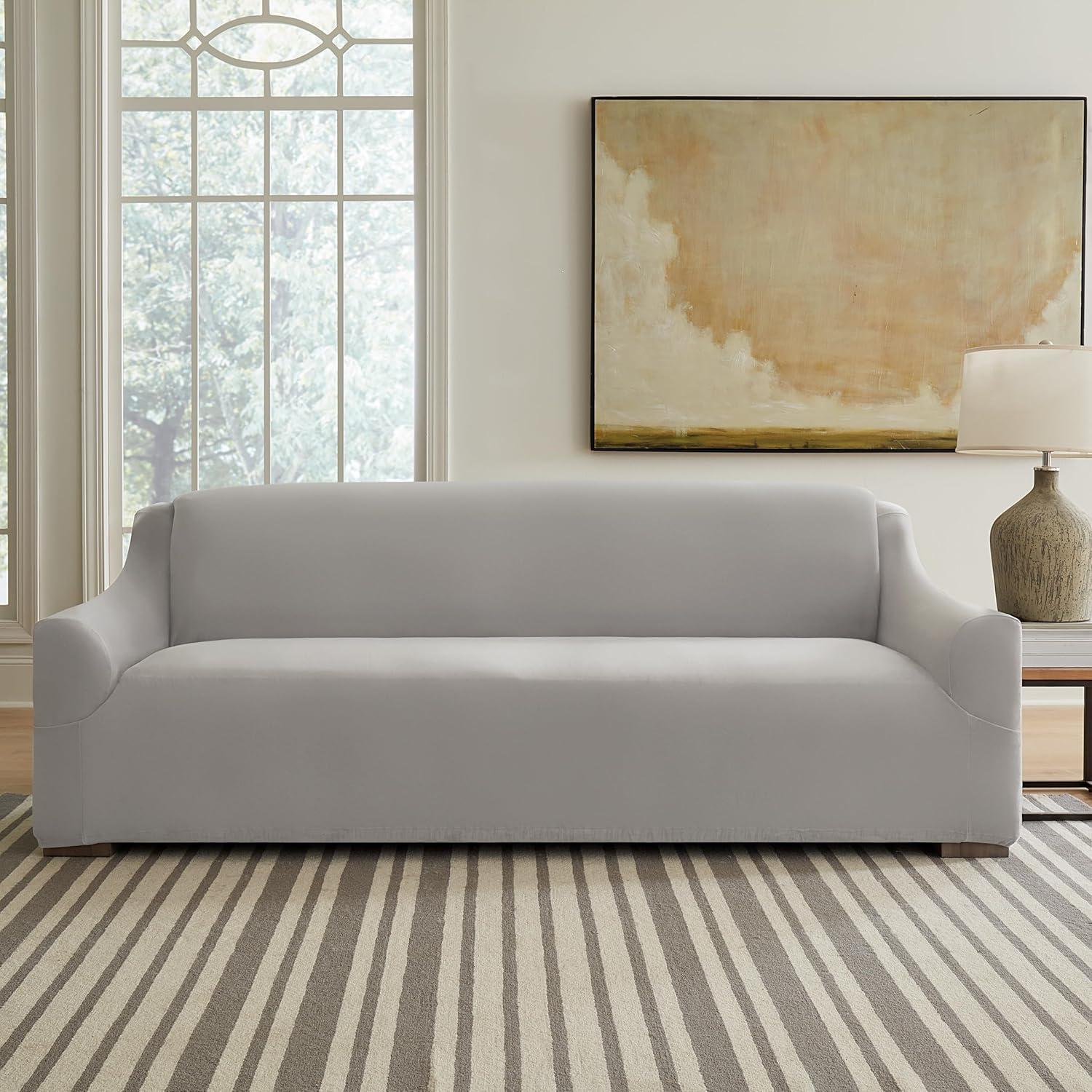 Sure Fit Hampstead Stretch Velvet Extra Large Sofa Machine Washable Couch Cover Light Gray: Pet Friendly, Indoor Use, Microfiber & Spandex