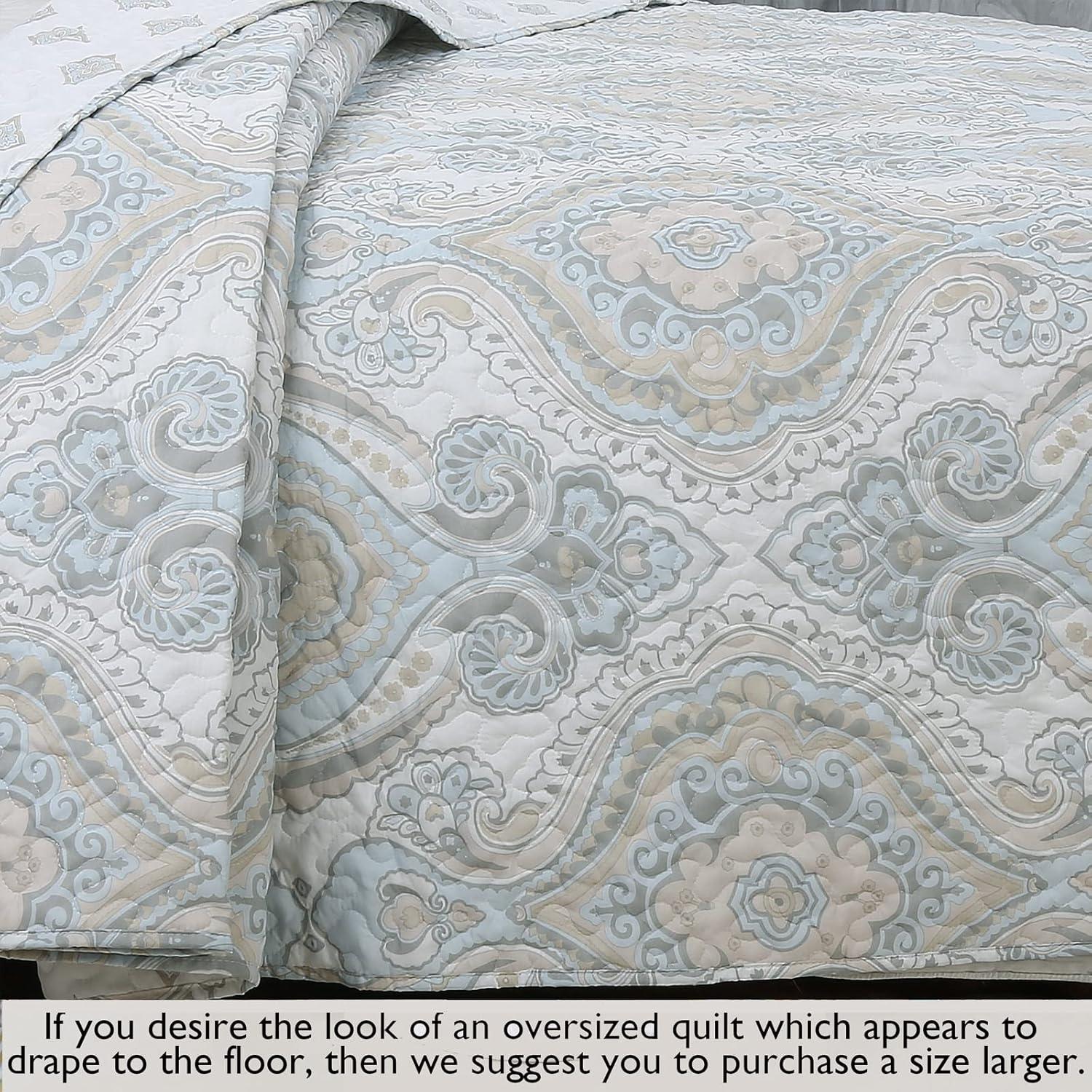 Cozy Line Home Fashion Modern Medallion Sky Blue Tan Gray Brocade Geometric Shapes Quilt Set