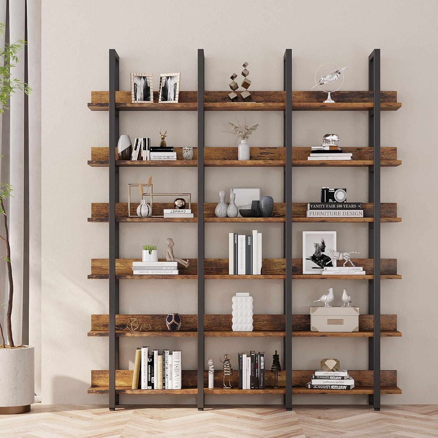 Oneinmil Bookcase and Bookshelves Triple Wide 6 Tiers Large Open Shelves, Vintage Bookcase for Office Home Decoration, Easy to Assemble, Classical Brown