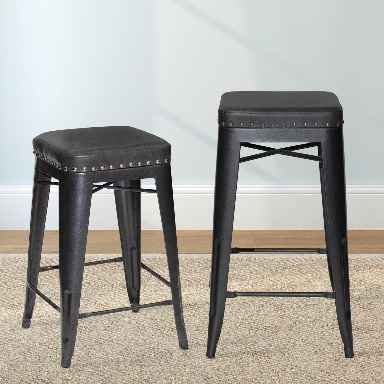 Hank 25" Gray Backless Metal Counter Stools with Faux Leather Seats