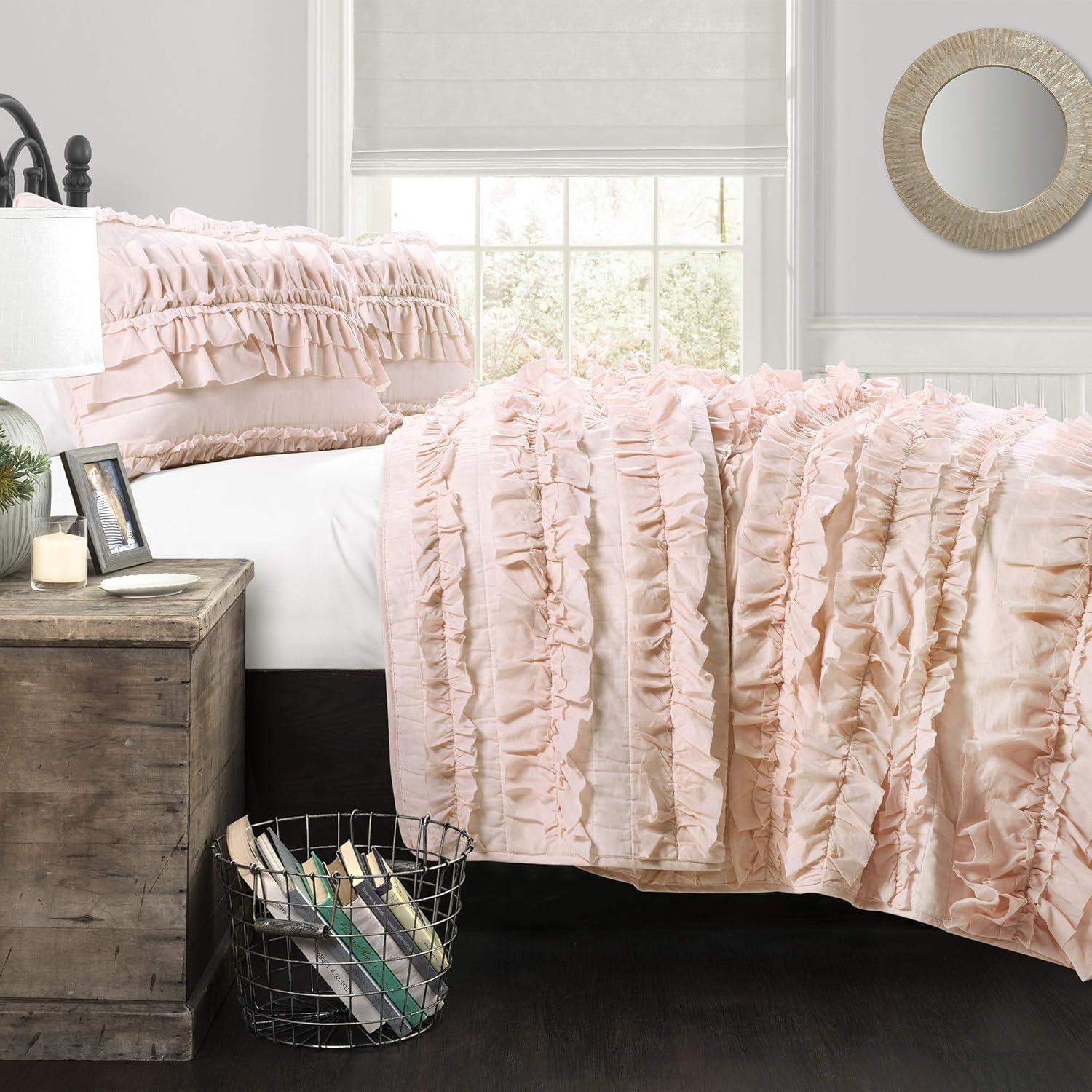 Pink Blush Cotton Twin Reversible Ruffled Quilt Set