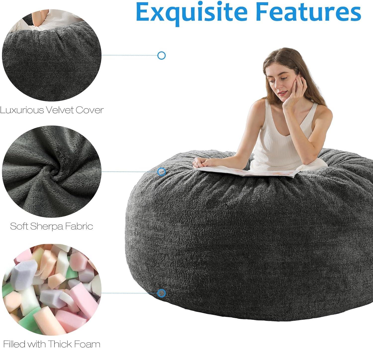 Dark Gray Sherpa Memory Foam Bean Bag Chair, 3-Foot