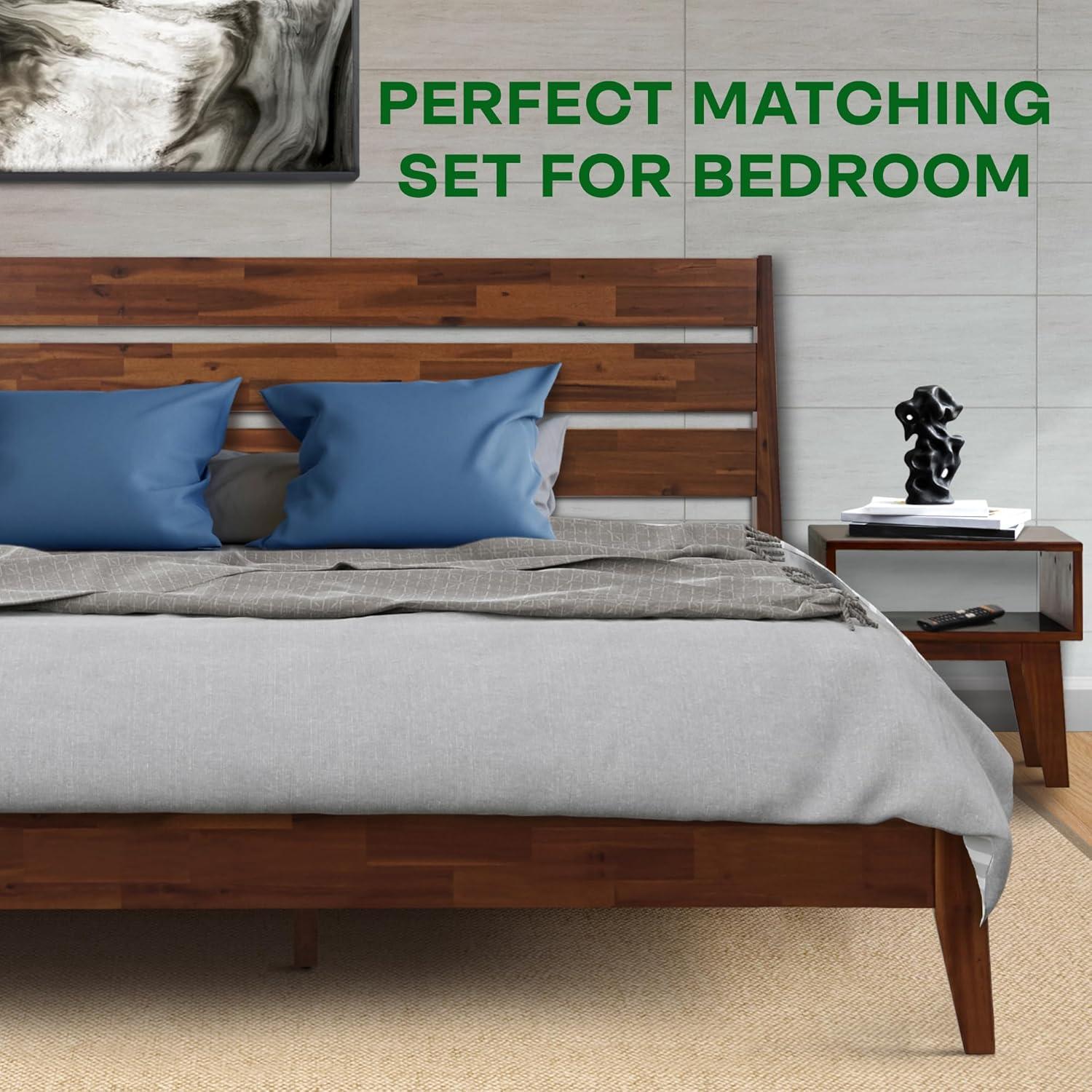 Acacia Emery 2-Pcs Bedroom Set – Solid Wood Platform Bed Frame & Matching Nightstand, Mid-Century Modern Farmhouse, 800 lbs Capacity, No Box Spring Needed