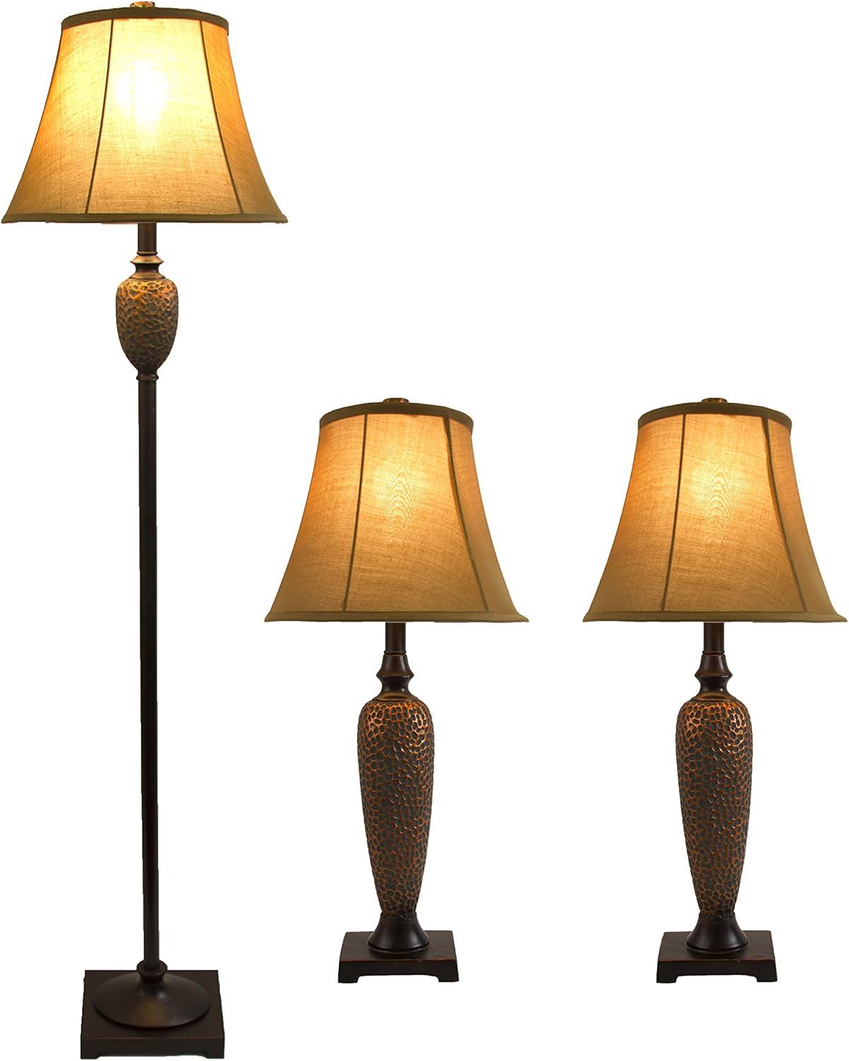 3pk Hammered Lamp Set (2 Table Lamps and 1 Floor Lamp) Bronze - Elegant Designs: UL Listed, Cotton Shades