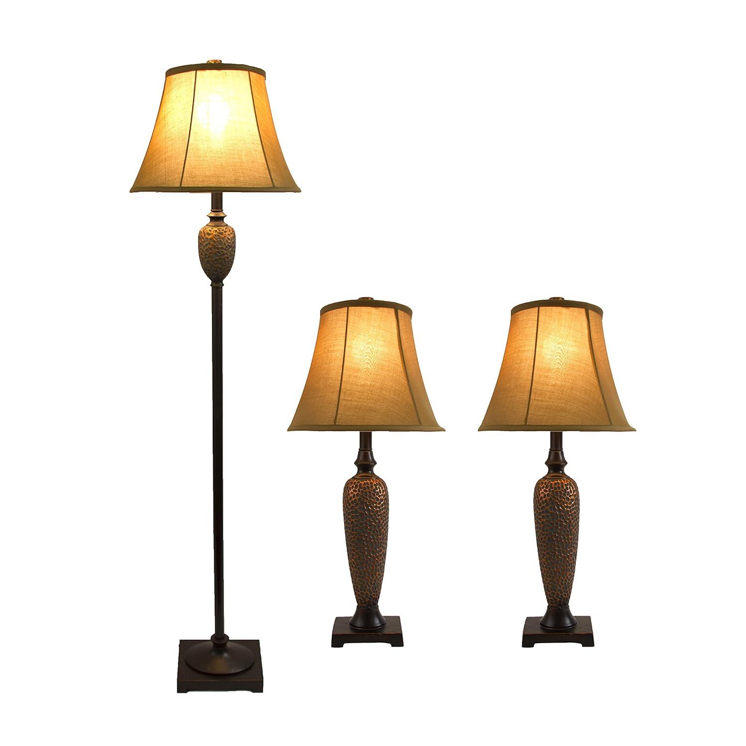 3pk Hammered Lamp Set (2 Table Lamps and 1 Floor Lamp) Bronze - Elegant Designs: UL Listed, Cotton Shades