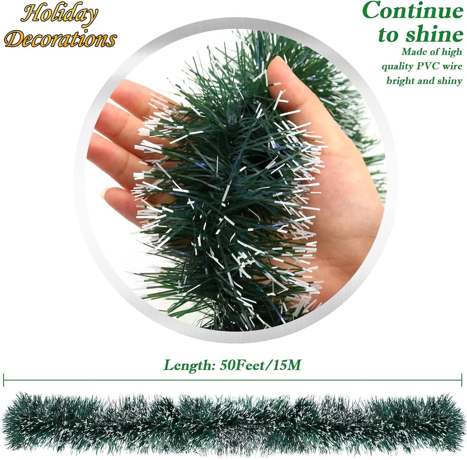50FT Christmas Tinsel Garland Decorations to Christmas Tree, Thick and Thin Metallic Streamers Foil Tinsel Twist Garland Decor Home Indoor Outdoor Party Supplies (Green)