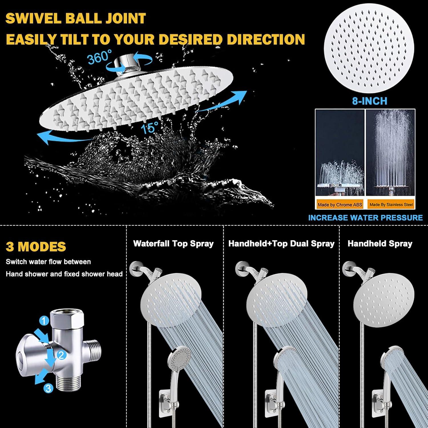 NearMoon Shower Head with Hose, High-Pressure Stainless Steel 8'' Rain Shower and 5 Settings Handheld Shower Spray Combo with Push Button Flow Control for Easy Operation (Chrome)