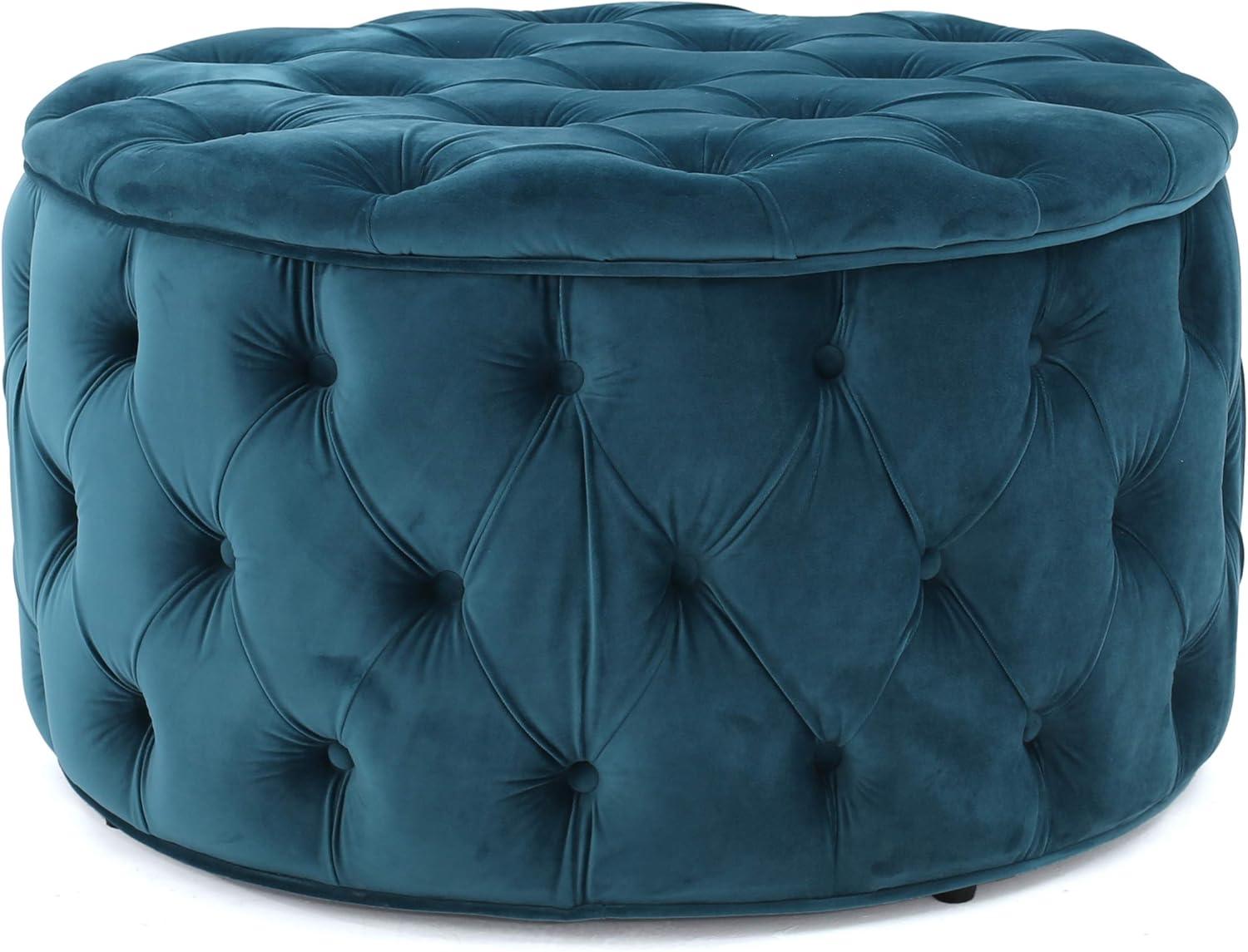 Contemporary Birch and Velvet Round Tufted Ottoman in Teal