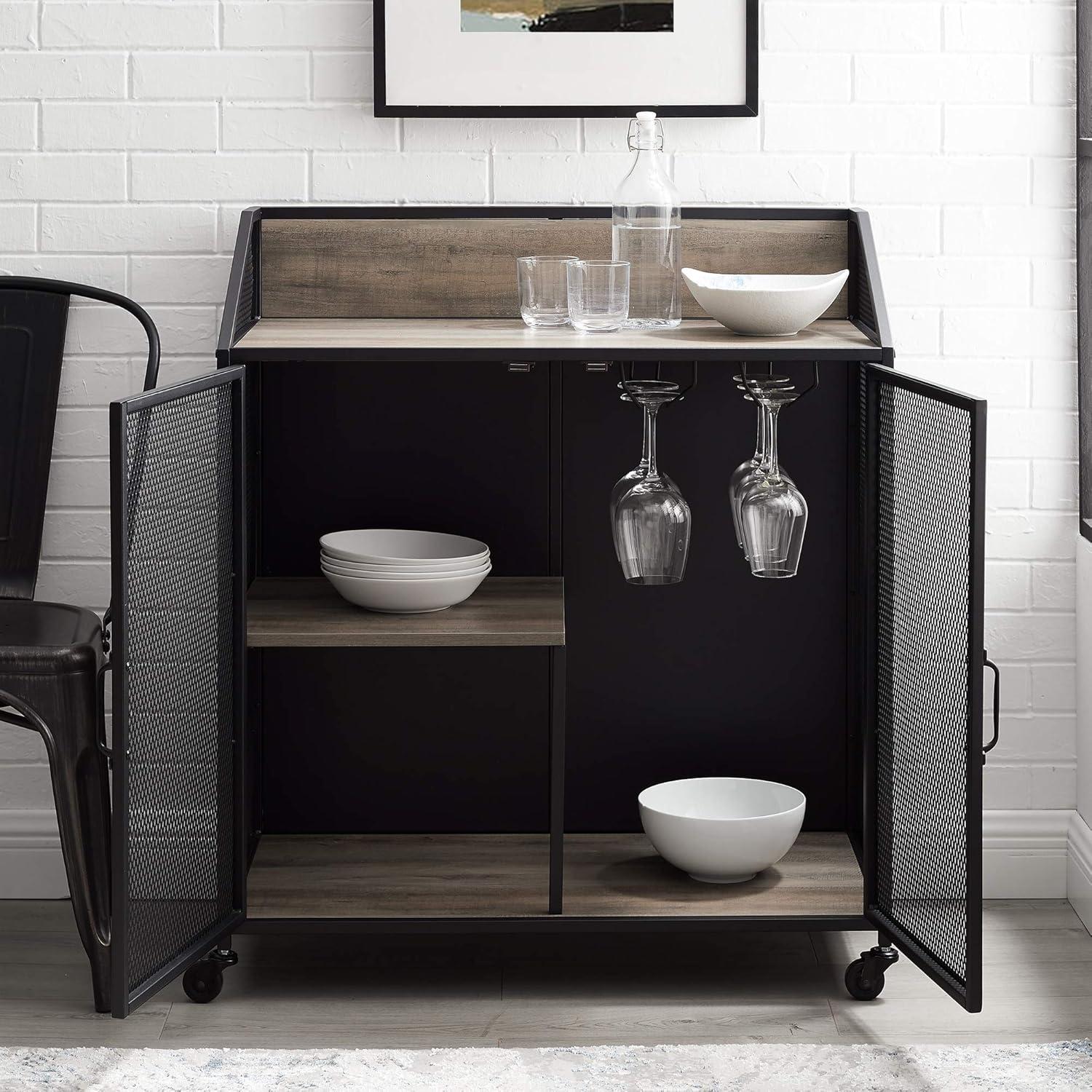 Walker Edison Industrial Bar Cabinet with Wheels, Grey Wash