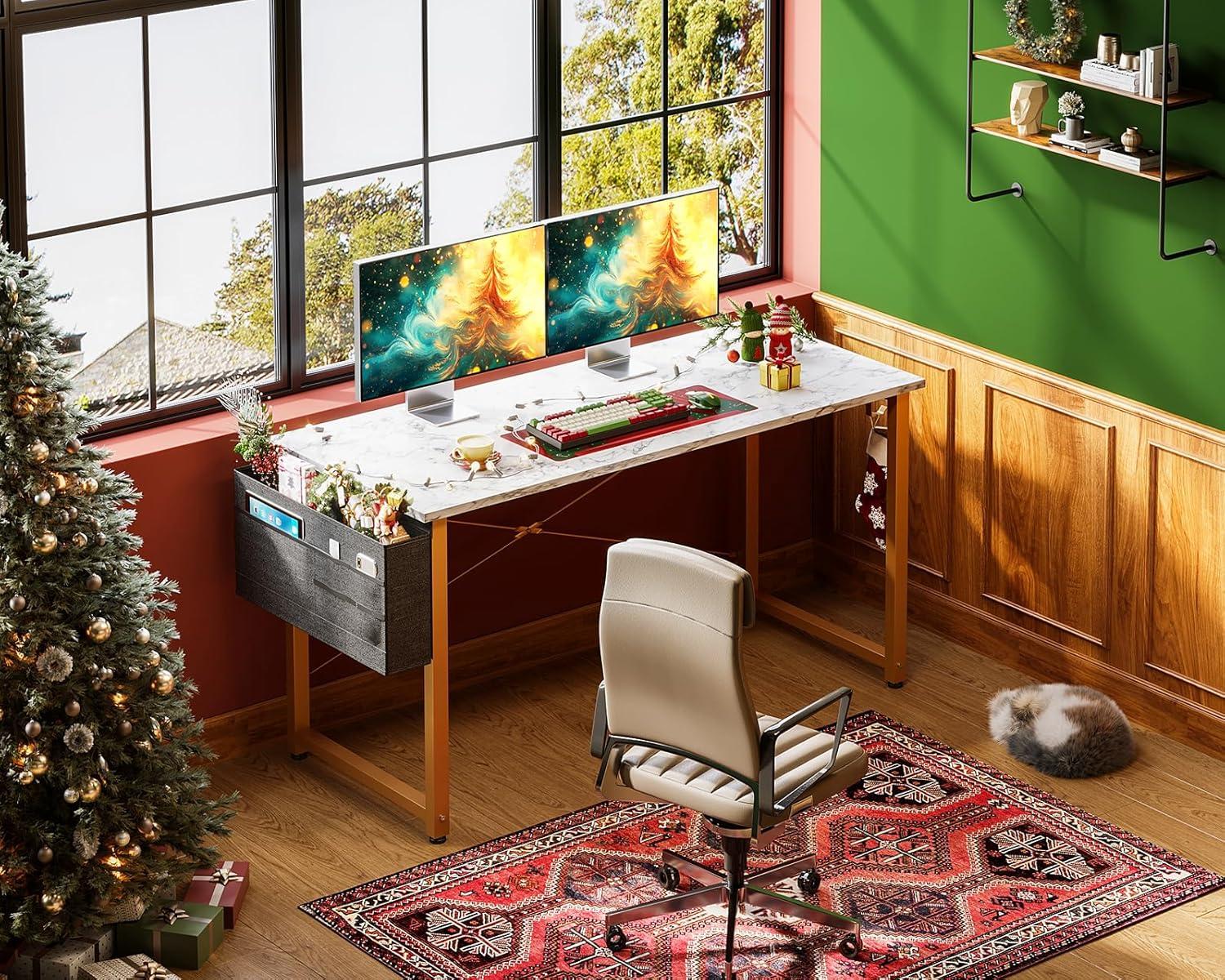 ODK Computer Desk Large Office Desk, 48 Inch Writing Desk with Storage, Modern PC Desk Work Table with Headphone Hook for Home Office, White Marble + Gold Leg