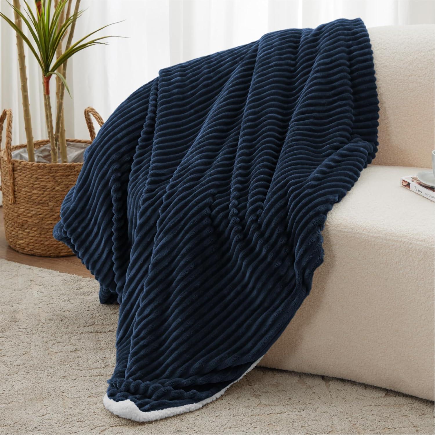 PAVILIA Soft Thick Fleece Flannel Ribbed Striped Throw Blanket, Luxury Fuzzy Plush Warm Cozy for Sofa Couch Bed