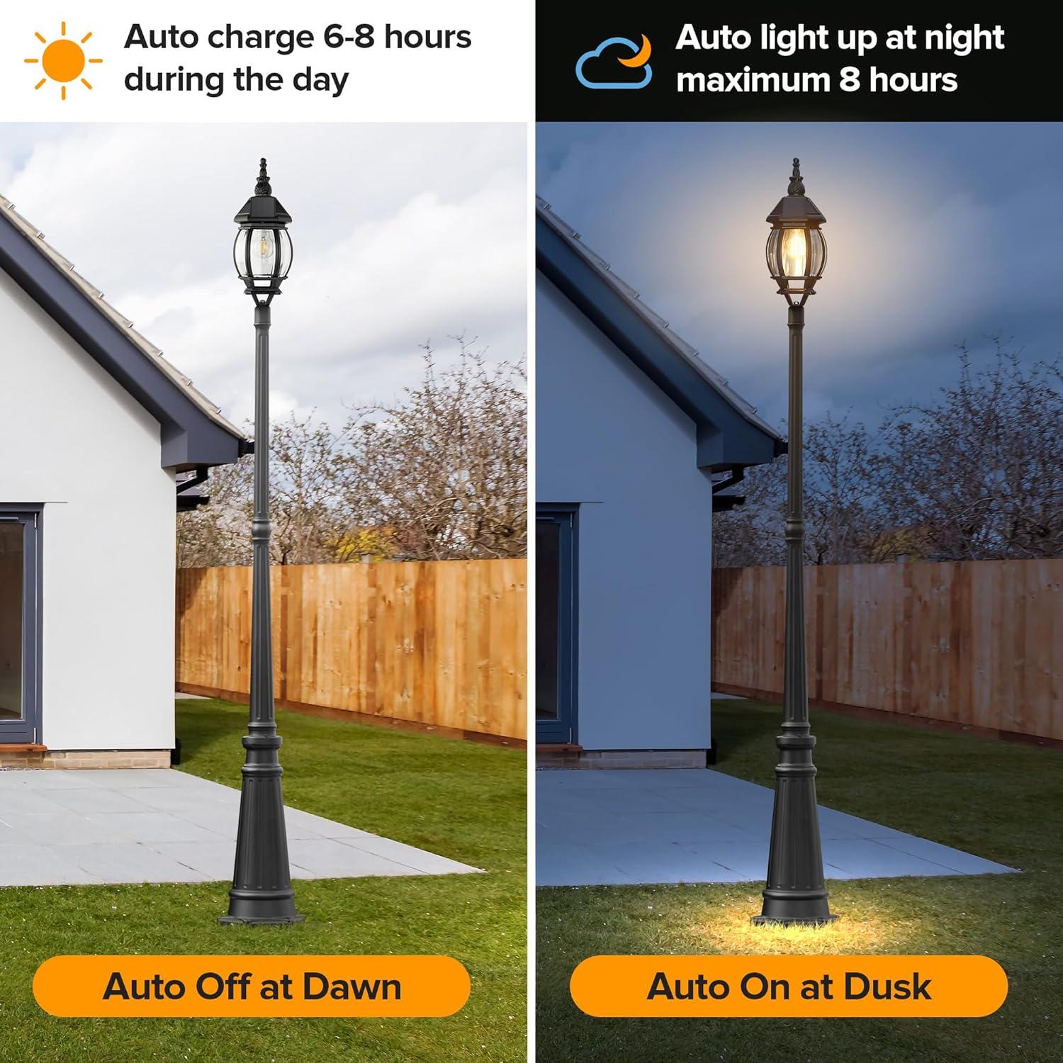 Black Aluminum Solar LED Lamp Post with Clear Glass Shade