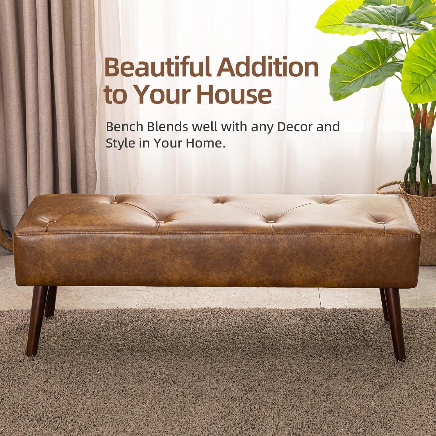 Furniliving 44 Inch Tufted Leather Bench, Leather Footrest Stool Bedroom Bench Seat, Upholstered Tufted Beathable Fabrics Ottoman Bench with X-Shaped Wood Legs for Kitchen, Solid Wood Indoor Bench