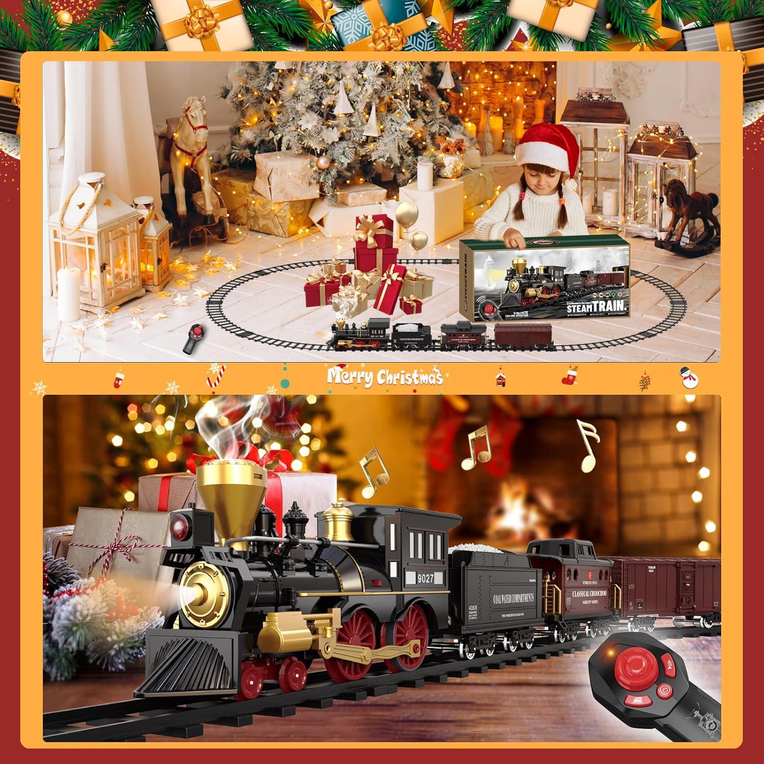 Train Set for Kids Remote Control Christmas Train Toys w/Steam Locomotive,Passenger Carriage & Luxury Tracks, Electric Trains w/Realistic Smoke,Sounds & Lights, Birthday Gift for Boys Girls 3 4 5 6 7