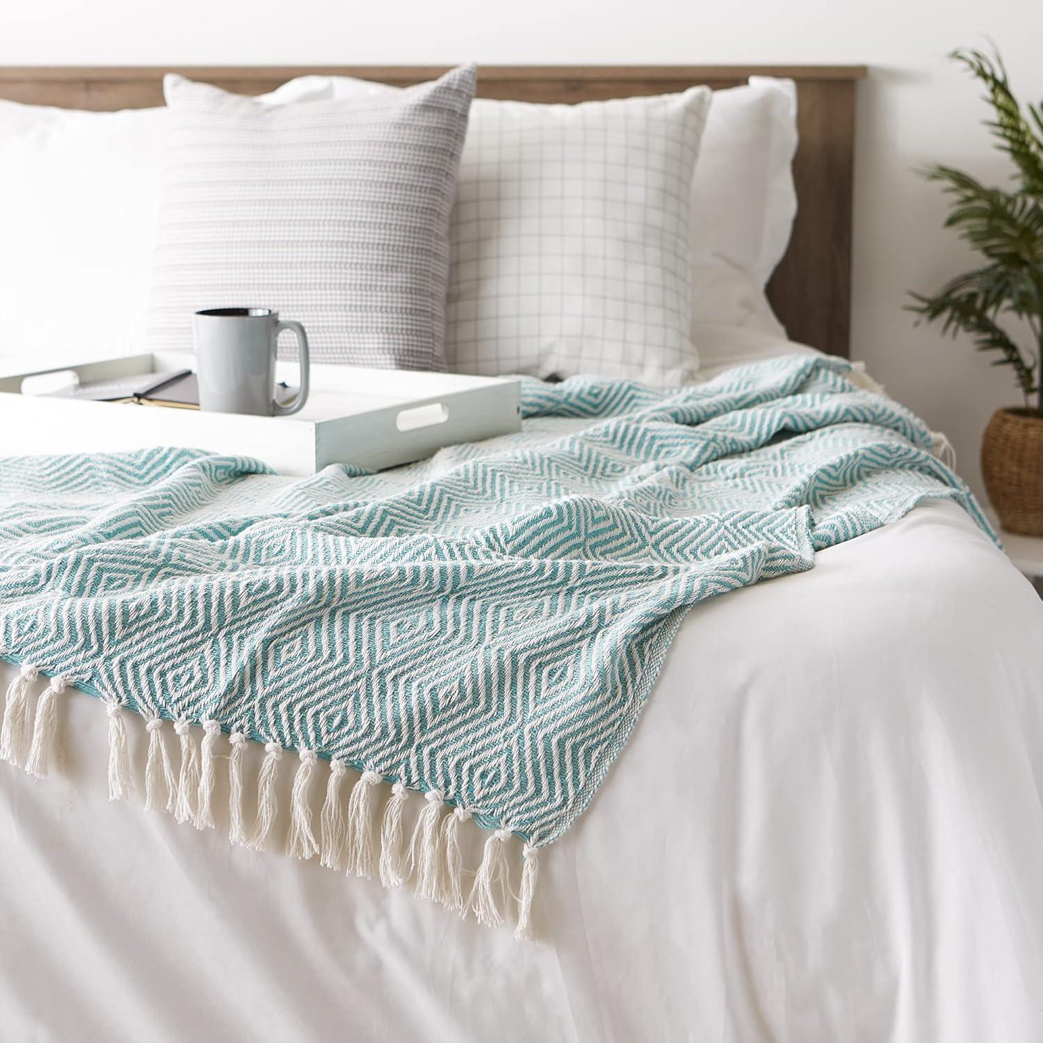 Design Imports 50"x60" Diamond Geometric Throw Blanket Aqua : Lightweight Woven Cotton, Machine Washable, Cozy for All Ages