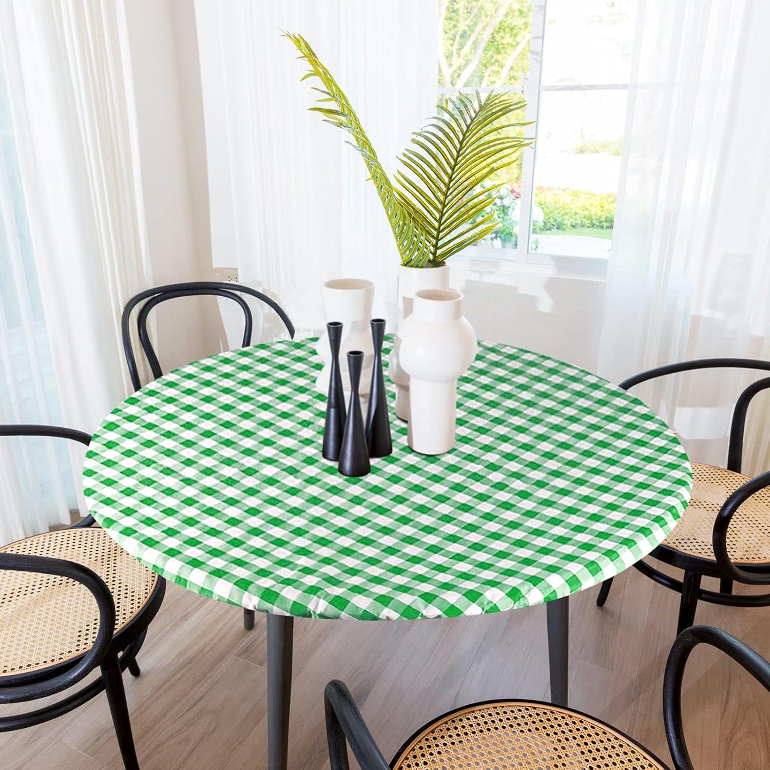 Round Tablecloth -Fitted with Elastic, Vinyl with Flannel Back, 30” Round Green Checked Design,- By Sorfey