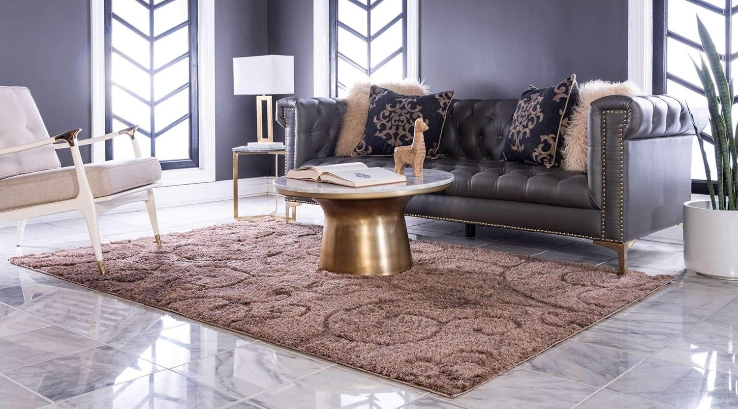Brown Floral Shag Synthetic Rectangular Area Rug 5' x 8'