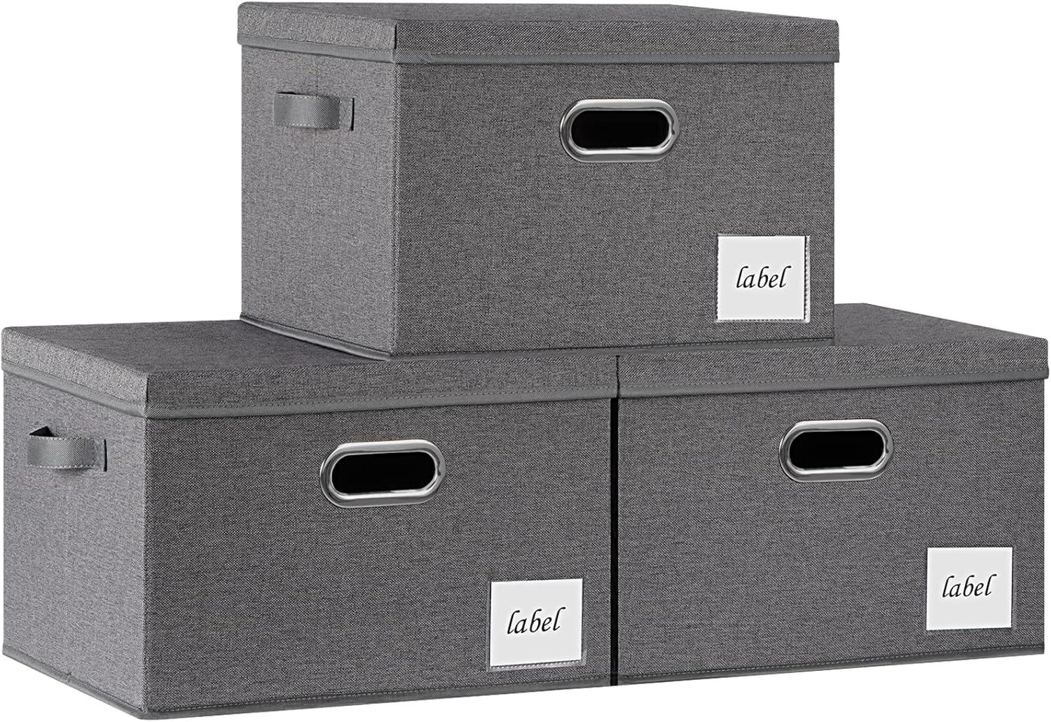 Foldable Storage Boxes with Lids [3-Pack] Linen Fabric Collapsible Storage Bins Organizer Containers Baskets Cube with Cover for Home Bedroom Closet Office Nursery (14.9x9.8x9.8)