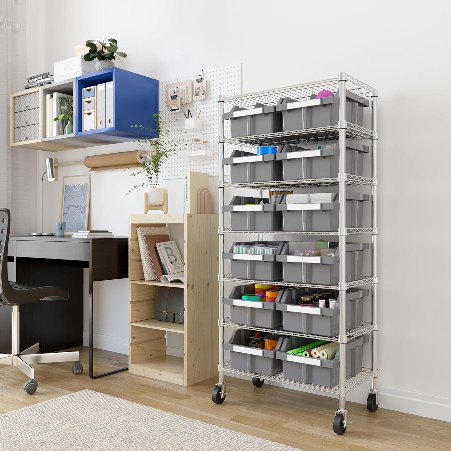 Gray 7-Tier Steel Wire Shelving Unit with 12 Bins