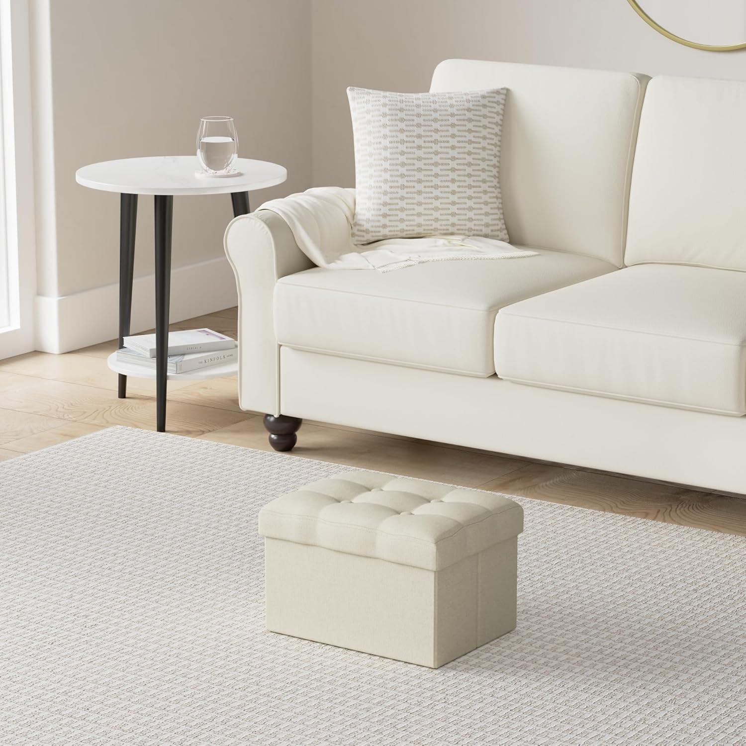 LINMAGCO Small Storage Ottoman Stool - Folding Foot Rest Under Desk Stool - 16X12X12IN Linen Cloth Beigh