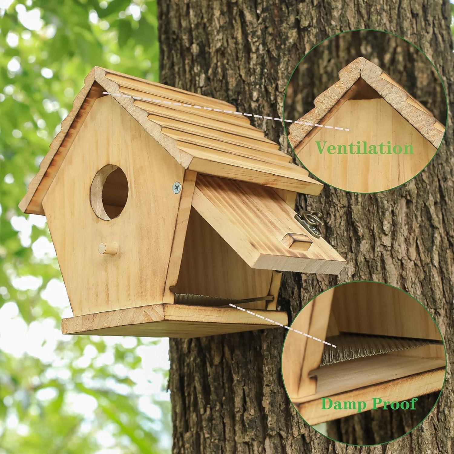 Natural Wood Hanging Birdhouse with Ventilation and Cleaning Door