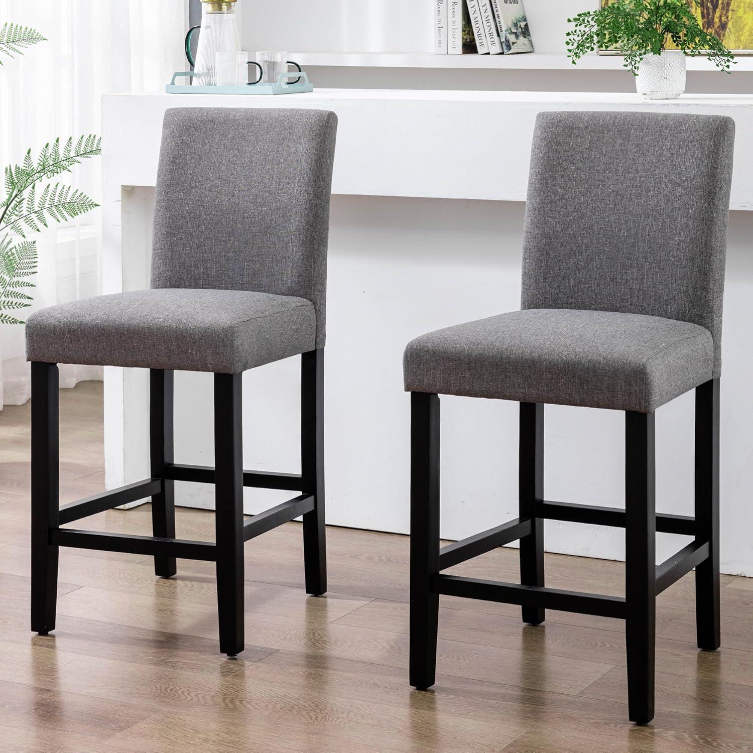 Counter Height Fabric Upholstered Barstools with Silver Nailhead Trim in Gray, Set of 2