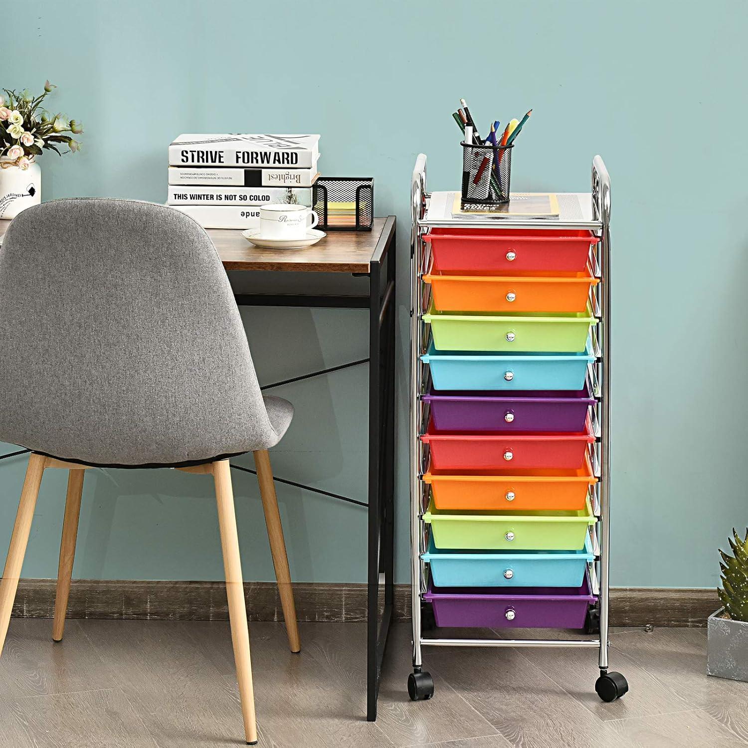 10 Drawer Rolling Storage Cart Plastic Utility Craft Cart with Drawer and Wheels MultiColor