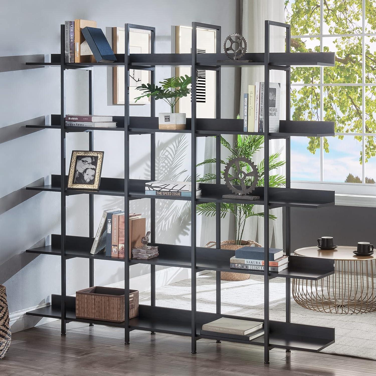 Black Triple Wide 5-Tier Industrial Bookshelf with Metal Frame