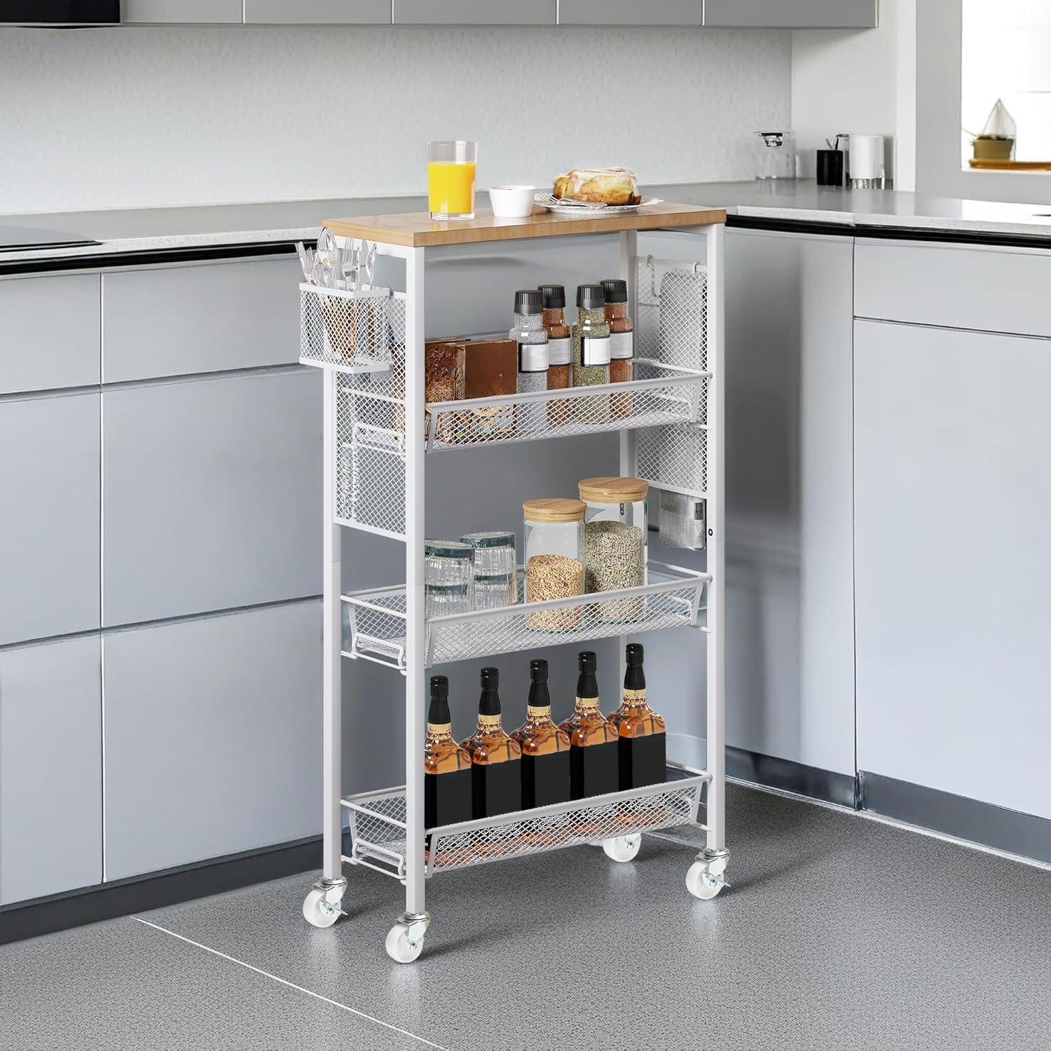 DWVO 4-Tier Slim Rolling Cart on Wheels, 34" Wooden Tabletop Kitchen Storage Organizer Cart with Wire Mesh Baskets, Slide-Out Storage Cart for Kitchen, Bathroom Living Room (White)
