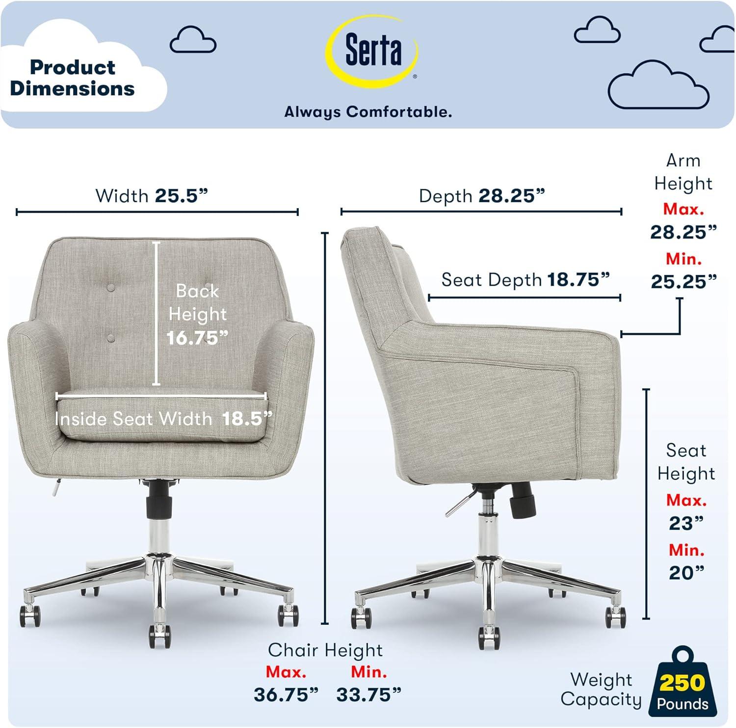Serta Ashland Office Desk Chair, Button Tufted Mid-Back, Memory Foam Cushion, Chrome Swivel Base, Light Gray